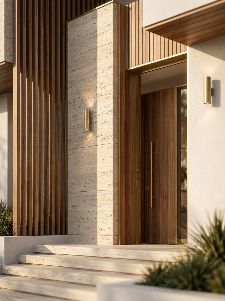 Entrance in travertine and walnut