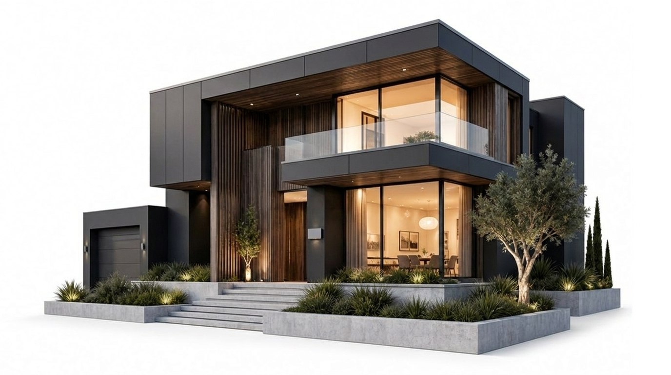 Villa in charcoal metal and dark timber