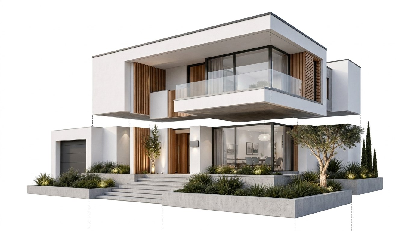 Same villa as exploded isometric diagram